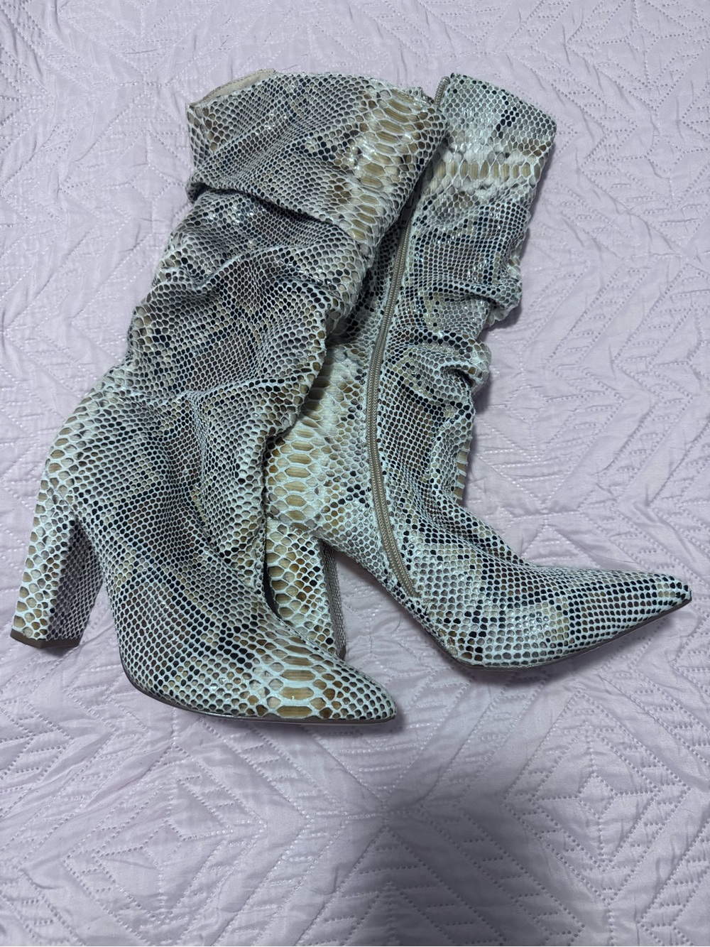 ShuShop Snake-Print Slouchy Knee Boots - Beige Black